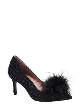 🆕kate spade new york Black Marabou PomPom Glitter Tweed Pointed Toe Stiletto